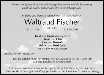 Traueranzeige von Waltraud Fischer von Neue Presse Coburg