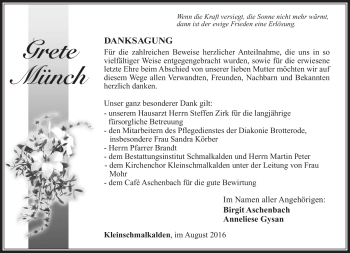 Traueranzeige von Grete Münch von Südthüringer Presse