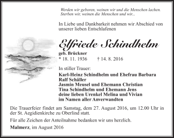 Traueranzeige von Elfriede Schindhelm von Südthüringer Presse