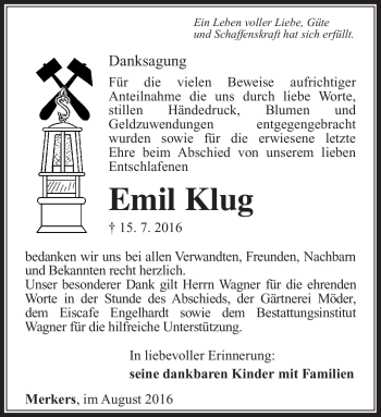 Traueranzeige von Emil Klug von Südthüringer Presse