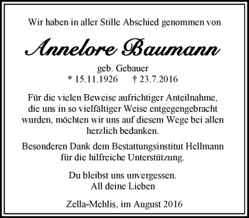 Traueranzeige von Annelore Baumann von Südthüringer Presse