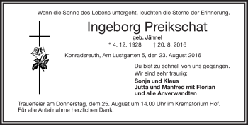 Traueranzeige von Ingeborg Preikschat von Frankenpost