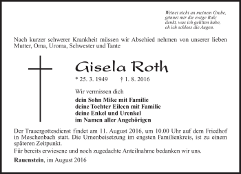 Traueranzeige von Gisela Roth von Südthüringer Presse