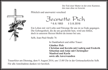 Traueranzeige von Jeanette Pich von Frankenpost