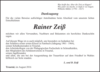 Traueranzeige von Rainer Zeiß von Südthüringer Presse