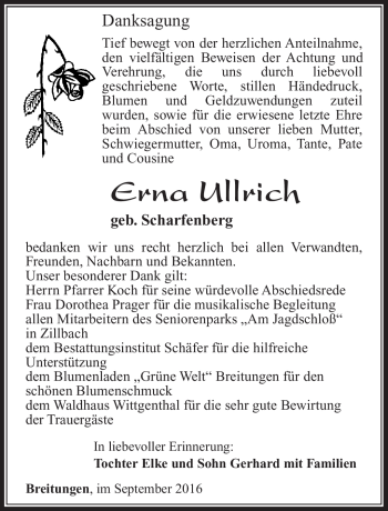 Traueranzeige von Erna Ullrich von Südthüringer Presse