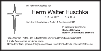 Traueranzeige von Walter Huschka von Frankenpost