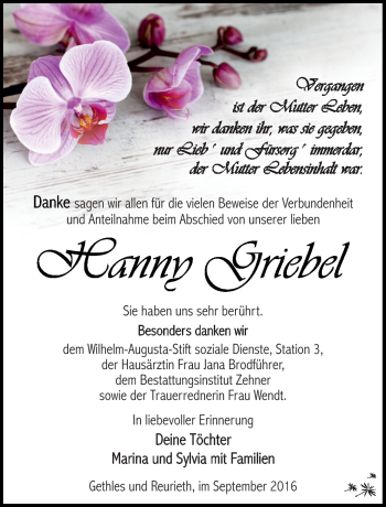 Traueranzeige von Hanny Griebel von Südthüringer Presse