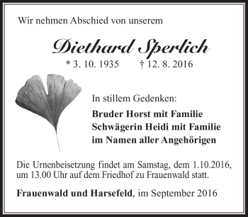 Traueranzeige von Diethard Sperlich von Südthüringer Presse