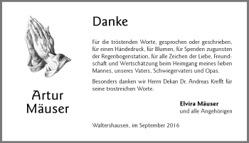 Traueranzeige von Artur Mäuser von Südthüringer Presse