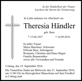 Traueranzeige von Theresia Händler von Neue Presse Coburg
