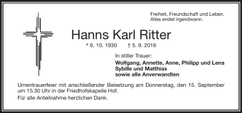 Traueranzeige von Hanns Karl Ritter von Frankenpost
