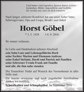 Traueranzeige von Horst Göbel von Südthüringer Presse