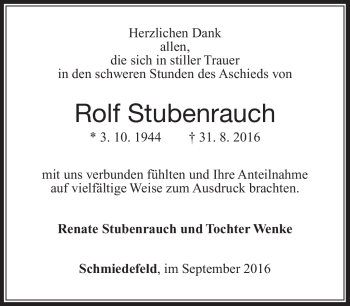 Traueranzeige von Rolf Stubenrauch von Südthüringer Presse