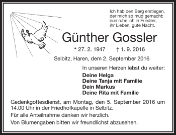 Traueranzeige von Günther Gossler von Frankenpost