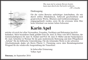 Traueranzeige von Karin Apel von Südthüringer Presse