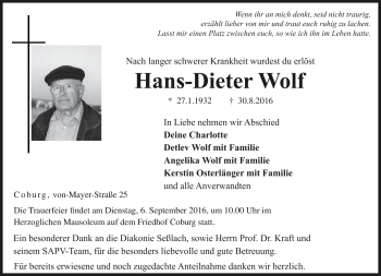 Traueranzeige von Hans-Dieter Wolf von Neue Presse Coburg