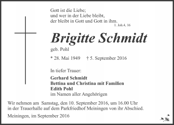 Traueranzeige von Brigitte Schmidt von Südthüringer Presse