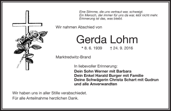 Traueranzeige von Gerda Lohm von Frankenpost