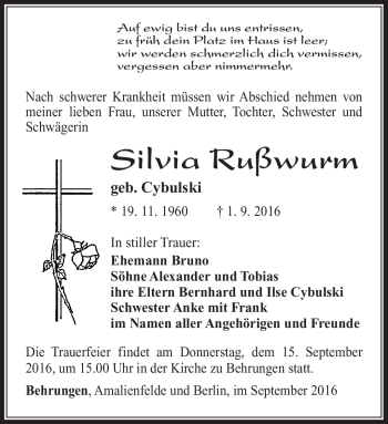 Traueranzeige von Silvia Rußwurm von Südthüringer Presse
