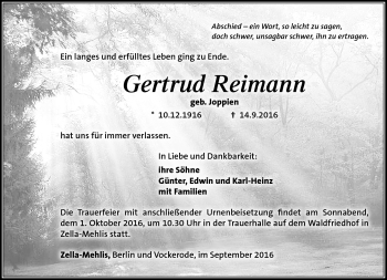 Traueranzeige von Gertrud Reimann von Südthüringer Presse
