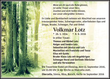 Traueranzeige von Volkmar Lotz von Südthüringer Presse