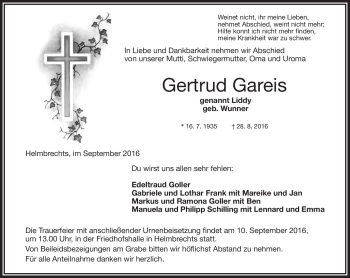 Traueranzeige von Gertraud Gareis von Frankenpost