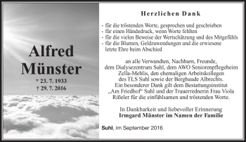 Traueranzeige von Alfred Münster von Südthüringer Presse