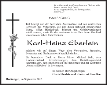 Traueranzeige von Karl-Heinz Eberlein von Südthüringer Presse