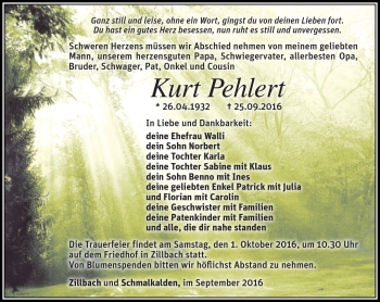 Traueranzeige von Kurt Pehlert von Südthüringer Presse