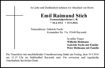 Traueranzeige von Emil Raimund Stich von Neue Presse Coburg