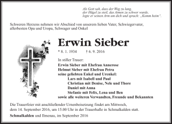 Traueranzeige von Erwin Sieber von Südthüringer Presse