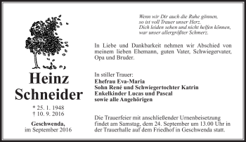 Traueranzeige von Heinz Schneider von Südthüringer Presse