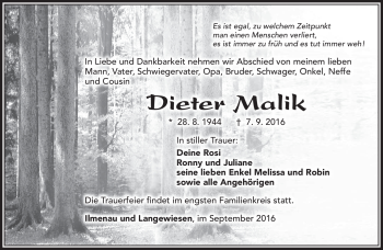 Traueranzeige von Dieter Malik von Südthüringer Presse