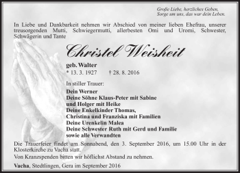 Traueranzeige von Christel Weisheit von Südthüringer Presse