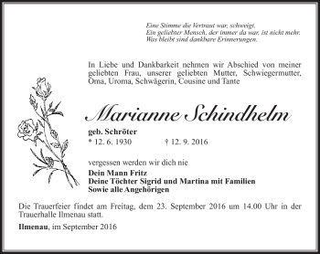 Traueranzeige von Marianne Schindhelm von Südthüringer Presse