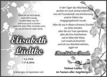 Traueranzeige von Elisabeth Lüdtke von Südthüringer Presse