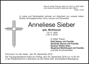 Traueranzeige von Anneliese Sieber von Neue Presse Coburg