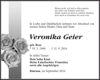 Traueranzeige von Veronika Geier von Südthüringer Presse