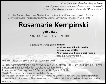 Traueranzeige von Rosemarie Kempinski von Neue Presse Coburg