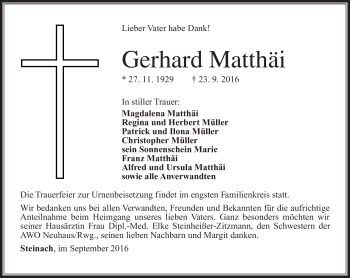 Traueranzeige von Gerhard Matthäi von Südthüringer Presse