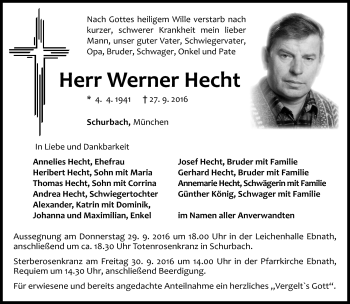 Traueranzeige von Werner Hecht von Frankenpost