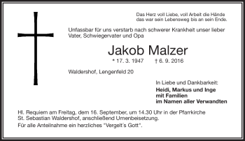 Traueranzeige von Jakob Malzer von Frankenpost