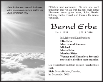 Traueranzeige von Bernd Errbe von Südthüringer Presse