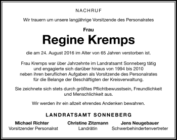 Traueranzeige von Regine Kremps von Südthüringer Presse