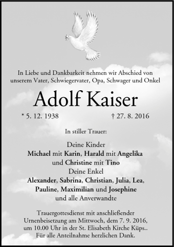 Traueranzeige von Adolf Kaiser von Neue Presse Coburg