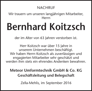 Traueranzeige von Bernhard Koitzsch von Südthüringer Presse