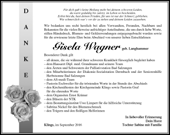 Traueranzeige von Giesela Wagner von Südthüringer Presse