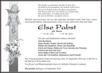 Traueranzeige von Else Papst von Südthüringer Presse