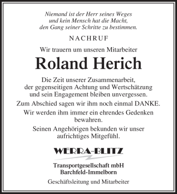 Traueranzeige von Roland Herich von Südthüringer Presse